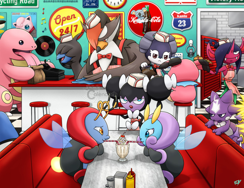 :< analog_clock antennae apron aqua_eyes artist_name bag brand_name_imitation brick_wall bright_pupils brown_bag brown_eyes burger cash_register checkered_floor cherry cleaning cleaning_rag clock closed_mouth clothed_pokemon coca-cola coffee coffee_pot commentary counter croagunk deino_(pokemon) diner doorway drinking drinking_straw drinking_straw_in_mouth english_commentary english_text fangs food french_fries fruit gen_1_pokemon gen_2_pokemon gen_3_pokemon gen_4_pokemon gen_5_pokemon gen_6_pokemon gen_7_pokemon gen_8_pokemon gothorita hair_over_one_eye hand_on_own_hip hat holding holding_coffee_pot holding_rag holding_tray illumise indeedee indeedee_(male) indoors insect_wings jigglypuff jitome ketchup_bottle key klefki komala lickitung lips long_nose looking_at_another milkshake morgrem mustard_bottle napkin_holder nintendo nostrils on_stool open_mouth paper_bag pointy_nose pokemon pokemon_(creature) pokemon_focus pouring red_eyes sign sitting smile snubbull sprinkles standing staraptor stool striped_apron striped_clothes table thecalendork tongue tongue_out toxel toxtricity toxtricity_(amped) tray vertical-striped_apron vertical-striped_clothes vinyl_record volbeat wall_clock watermark whipped_cream white_hat white_pupils wings yellow_eyes