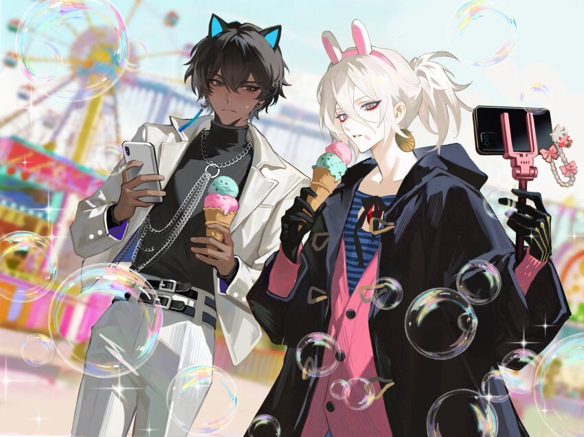 2boys amusement_park arjuna_(fate) black_eyes black_hands black_jacket black_shirt blush buttons cardigan colored_extremities contemporary dark-skinned_male dark_skin earrings eyeshadow eyeshadow_under_eye fate/grand_order fate_(series) ferris_wheel food food_on_face highres holding holding_food holding_ice_cream holding_ice_cream_cone holding_phone hood hooded_jacket horizontal-striped_clothes ice_cream ice_cream_cone jacket jewelry karna_(fate) long_sleeves makeup mint_chocolate multiple_boys multiple_scoops necklace newstarbegin open_clothes open_jacket open_mouth outdoors pale_skin pants phone pink_cardigan ponytail red_eyeshadow selfie_stick shirt soap_bubbles striped_clothes striped_shirt turtleneck white_hair white_jacket white_pants