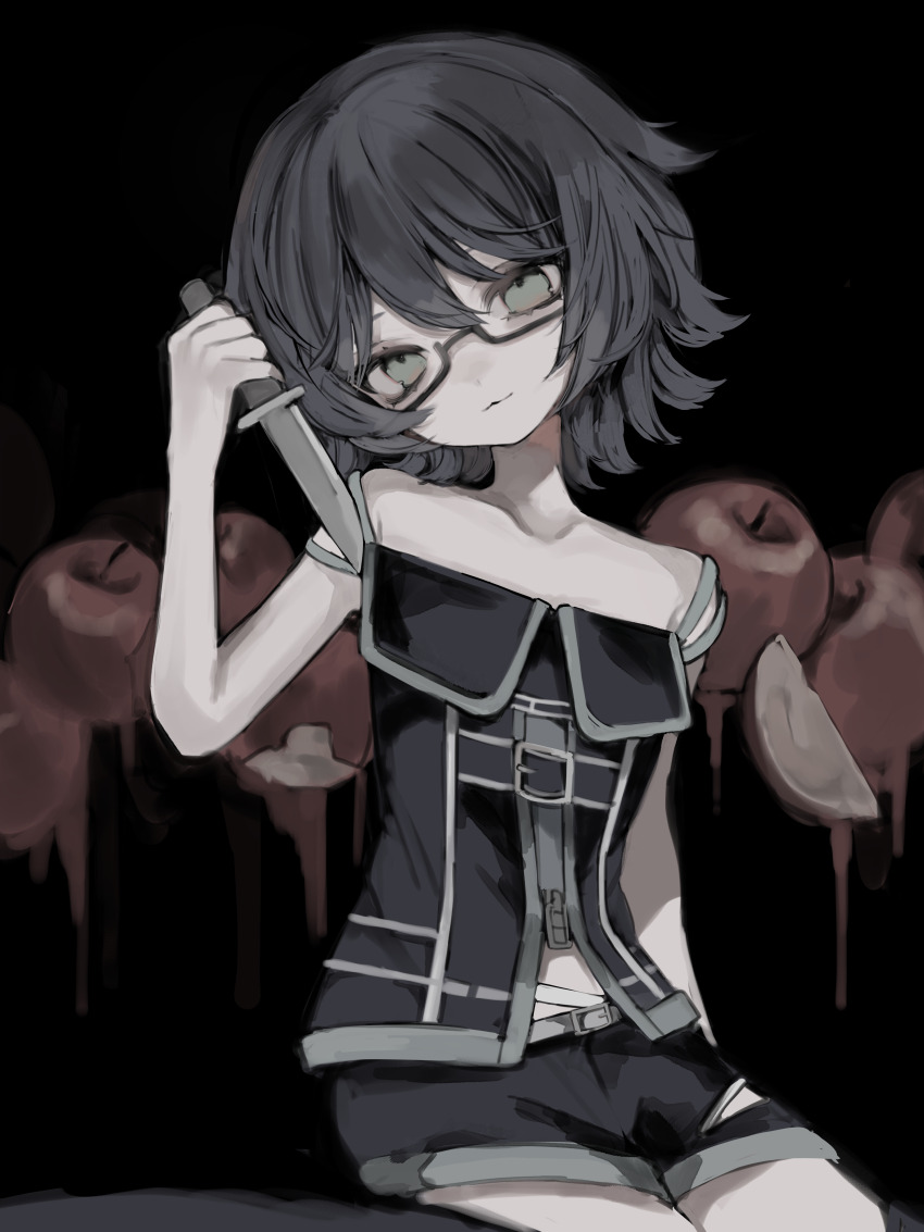 1girl :3 absurdres apple bespectacled black-framed_eyewear black_background black_hair black_shorts closed_mouth food fruit fruit_background glasses green_eyes hand_up head_tilt highres holding holding_knife knife looking_at_viewer manuka_x_x orkastle pale_skin reiya_(orkastle) semi-rimless_eyewear short_hair short_shorts shorts simple_background sitting sleeveless solo spaghetti_strap under-rim_eyewear