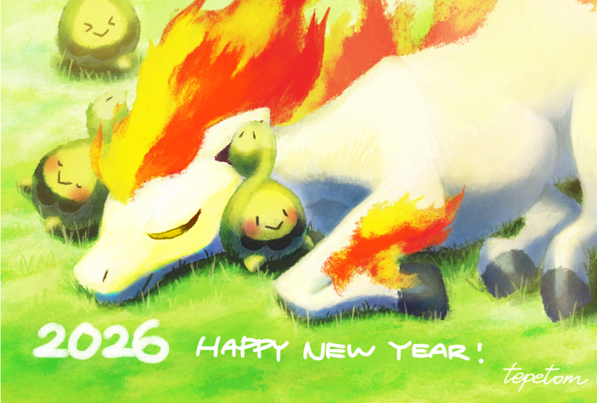 >_< 2026 :> artist_name blush budew closed_eyes closed_mouth commentary_request english_text fire gen_1_pokemon gen_4_pokemon grass happy_new_year highres lying new_year nintendo no_humans outdoors pokemon pokemon_(creature) pokemon_focus ponyta signature sleeping smile tepetom_(77hhaarruu)
