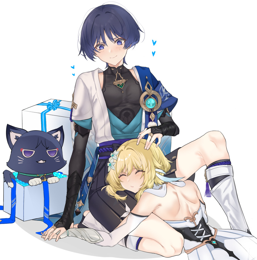 1boy 1girl anemo_symbol_(genshin_impact) animal_print animalization arm_at_side arm_cutout armor armpits artistic_error belt bird_print black_belt black_bodysuit black_bow black_bridal_gauntlets black_cat black_corset black_shorts blonde_hair blue_cape blue_gem blue_kimono blue_ribbon blue_sleeves blue_trim blunt_ends bodysuit bow box bridal_gauntlets bright_pupils cape cat closed_eyes closed_mouth clothing_cutout corset couple covered_collarbone cross-laced_clothes cross-laced_corset detached_sleeves dress eyeliner eyeshadow facing_to_the_side feather_hair_ornament feathers fingernails flower furisode gem genshin_impact gift gift_box gold grey_hair hair_flower hair_intakes hair_ornament hakama hakama_shorts hand_on_another's_hand hand_up heart hetero highres hip_vent japanese_armor japanese_clothes juban kimono knee_up kote kurokote lap_pillow layered_sleeves leg_warmers light_blush looking_at_another lumine_(genshin_impact) lying makeup mandarin_collar middle_ring on_stomach open_clothes open_kimono pectorals person_and_animalization pleated_shorts pom_pom_(clothes) purple_eyes purple_rope purple_sash red_eyeliner red_eyeshadow ribbon rope sash scaramouche_(cat)_(genshin_impact) scaramouche_(genshin_impact) short_hair short_hair_with_long_locks short_sleeves shorts shoulder_blades shoulder_peek sidelocks sitting smile sweatdrop tassel traditional_media user_ktkx2272 vambraces vision_(genshin_impact) wanderer_(genshin_impact) white_background white_dress white_feathers white_flower white_kimono white_leg_warmers white_pupils white_sleeves white_trim wispy_bangs
