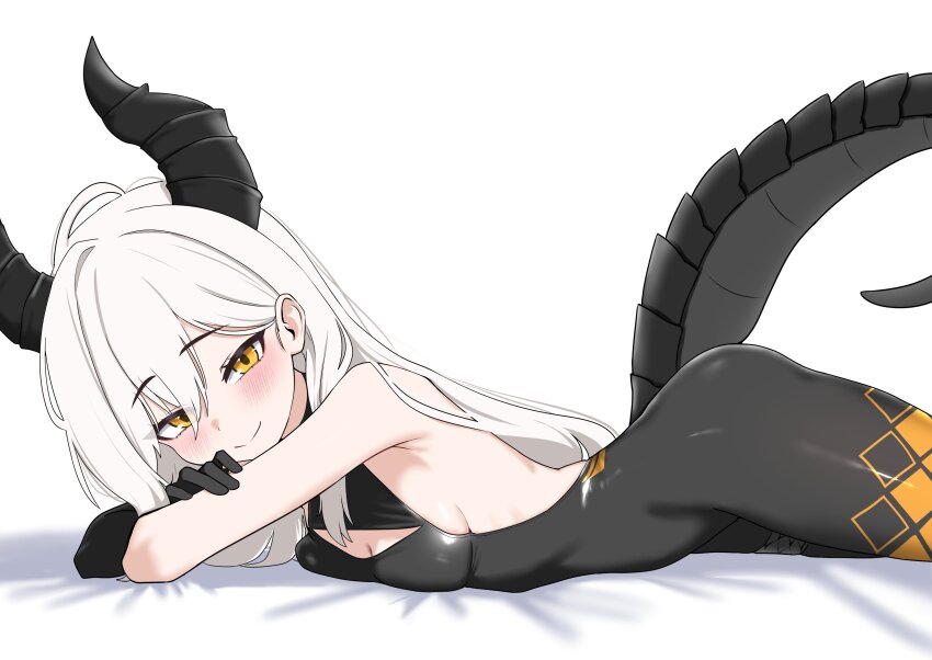 1girl absurdres bare_shoulders black_gloves blush breasts cleavage commentary english_commentary gloves highres horns leotard long_hair looking_at_viewer lying oldsickkim on_stomach small_breasts smile solo tail white_hair yellow_eyes