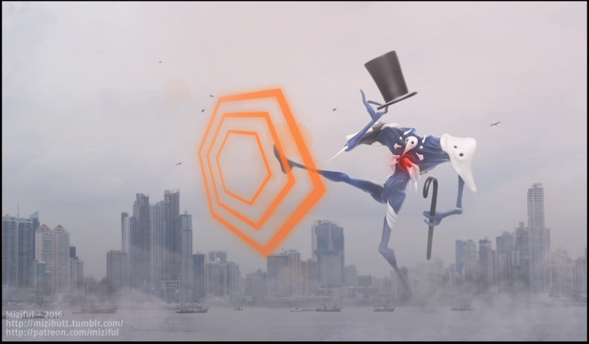 1other 2016 3d angel_(evangelion) armor artist_name at_field beak bird blue_skin boat bone_mask building cane chest_jewel city cityscape cloud cloudy_sky colored_skin commentary dancing dated day elbow_spikes energy energy_barrier english_commentary fog gem giant glowing glowing_gem hat holding holding_cane kaiju looney_tunes michigan_j_frog miziful neon_genesis_evangelion no_humans ocean outdoors parody pinky_out pose_imitation radio_antenna red_gemstone ribs sachiel_(evangelion) science_fiction ship shoulder_armor sky skyscraper solo spikes standing standing_on_one_leg top_hat warner_bros. water watercraft