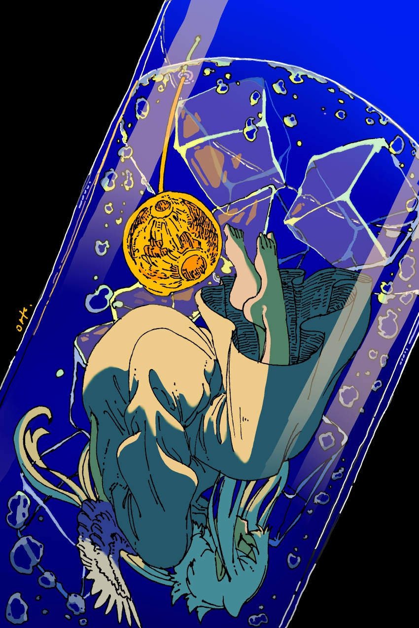 1girl absurdres barefoot closed_eyes commentary_request cup dress drink full_body highres ice ice_cube in_container in_cup long_hair mini_person minigirl omitasi original solo submerged upside-down white_hair wings