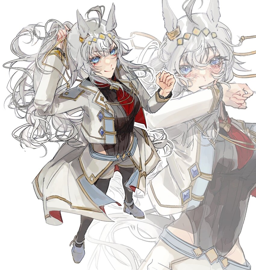 1girl absurdres ahoge animal_ears black_pantyhose blue_eyes blush breasts brooch closed_mouth clothing_cutout cropped_jacket ear_ornament grey_hair grey_leotard grey_tail hair_between_eyes hair_ornament hair_ribbon highres hip_vent horse_ears horse_girl horse_tail jacket jewelry leotard long_hair long_sleeves looking_at_viewer medium_breasts neckerchief oguri_cap_(cinderella_gray)_(umamusume) oguri_cap_(umamusume) open_mouth overskirt pantyhose ponytail red_neckerchief ribbon shorts simple_background smile star_brooch tachyuri tail umamusume umamusume:_cinderella_gray white_background white_jacket white_shorts