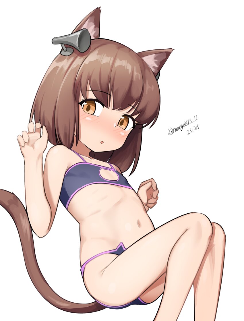 1girl absurdres animal_ears black_bra bra brown_eyes brown_hair cat_cutout cat_ear_panties cat_ears cat_lingerie cat_tail cleavage_cutout clothing_cutout dated feet_out_of_frame flat_chest hair_ornament headgear highres invisible_chair kantai_collection loli maru_(marg0613) one-hour_drawing_challenge panties short_hair simple_background sitting solo tail twitter_username underwear white_background yukikaze_(kancolle)