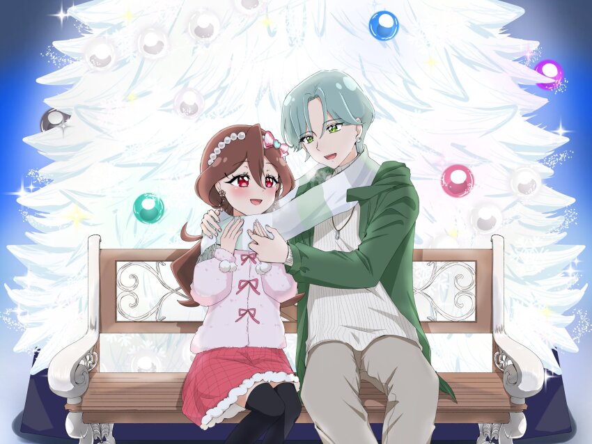 bench black_socks blush brown_hair christmas christmas_tree coat couple earrings fluffy_clothes green_hair green_jacket hair_between_eyes hand_on_another's_shoulder headband hibiki_kaito highres jacket jewelry kimi_to_idol_precure kneehighs long_hair long_sleeves lr_lxx merry_christmas miniskirt night open_mouth parted_bangs pearl_hair_ornament pink_shirt precure red_eyes ribbon_hair sakura_uta_(precure) scarf shirt sitting skirt smile socks winter winter_clothes winter_coat