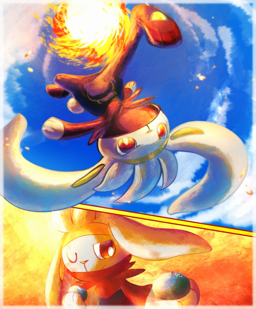 berry_(pokemon) blue_background fire gen_8_pokemon highres kaneoto_(mayukan) kicking nintendo no_humans one_eye_closed oran_berry pokemon pokemon_(creature) raboot red_background red_eyes simple_background