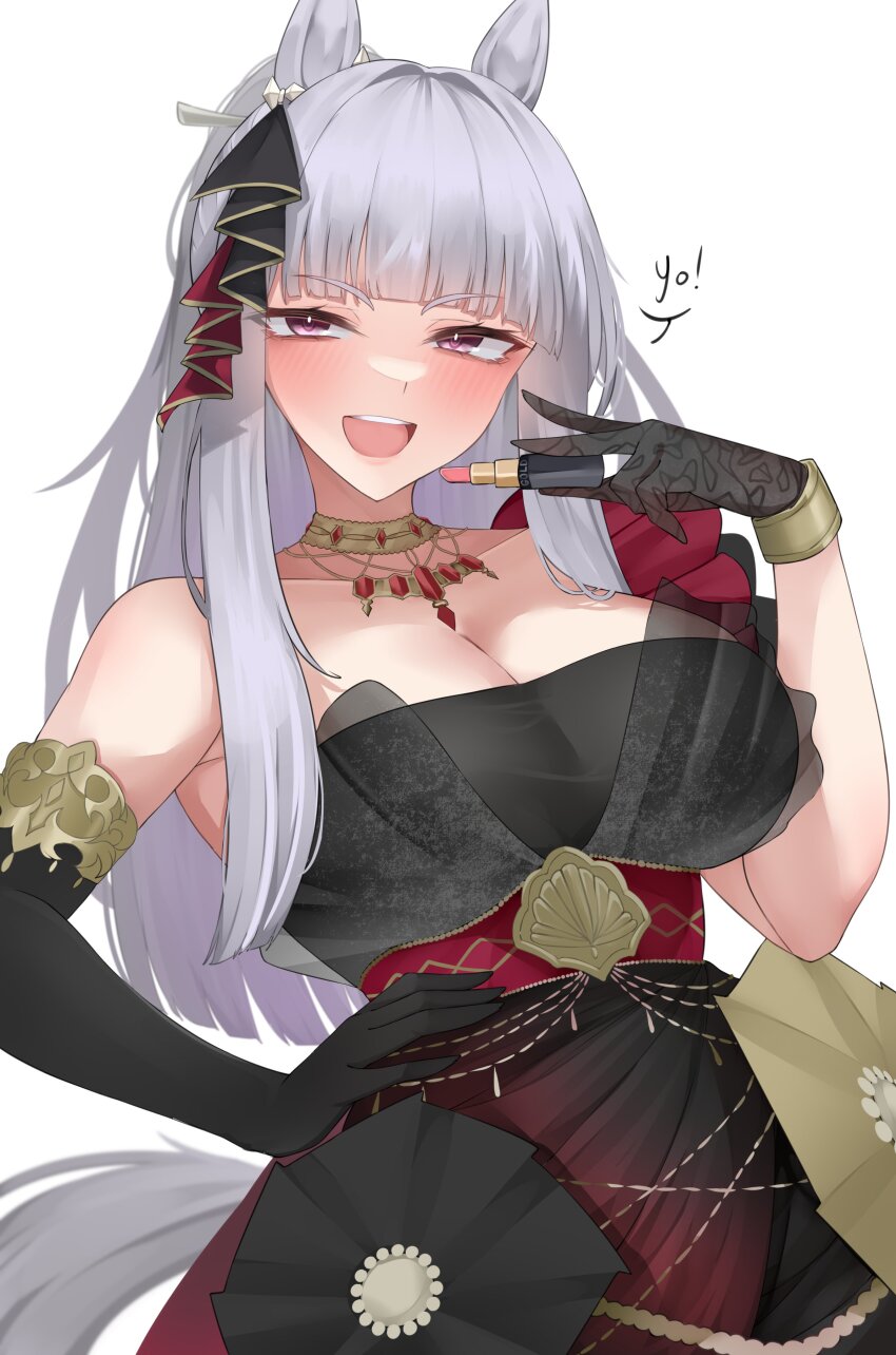 1girl absurdres animal_ears asymmetrical_gloves black_dress black_gloves breasts commentary commentary_request cosmetics dress ear_ornament elbow_gloves english_commentary gloves gold_ship_(la_mode_564)_(umamusume) gold_ship_(umamusume) grey_hair hand_on_own_hip highres holding holding_lipstick_tube horse_ears horse_girl horse_tail jewelry large_breasts lipstick lipstick_tube long_hair looking_at_viewer makeup necklace official_alternate_costume open_mouth purple_eyes simple_background solo tail teeth umamusume upper_teeth_only white_background xkittyzx