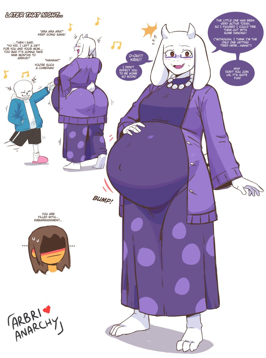 1girl absurdres animal_ears arbrianarchy belly big_belly deltarune english_text fetal_movement furry furry_female goat_ears goat_girl goat_horns goat_tail hand_on_own_hip hand_on_own_stomach highres horns kris_(deltarune) musical_note navel outie_navel pregnant sans_(undertale) speech_bubble tail toriel undertale utdr_(toby_fox)