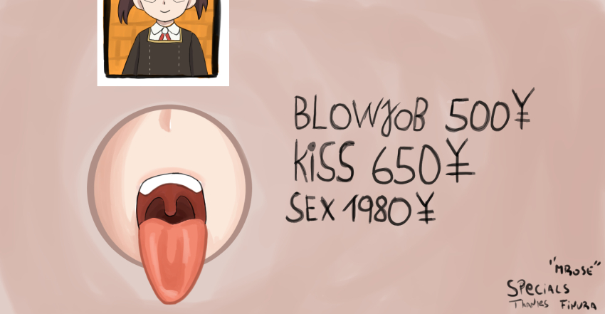 1girl becky_blackbell brown_hair eden_academy_school_uniform english_text glory_hole loli mesugaki mouth_focus open_mouth photo_(object) price price_list prostitution school_uniform smile solo spy_x_family teeth tongue twintails upper_teeth_only uvula