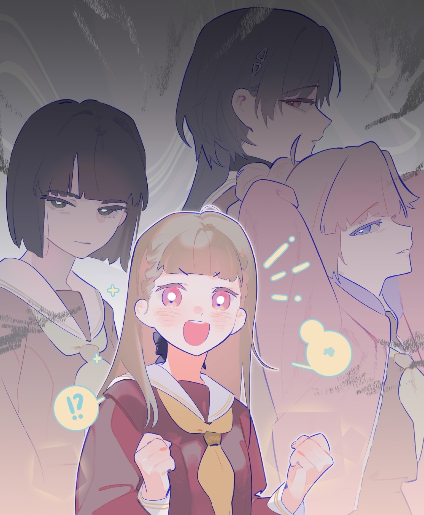 !? 4girls :d anyoji_hime arms_up black_hair blue_eyes blunt_bangs blunt_ends bob_cut braid brown_dress brown_hair center-flap_bangs clenched_hands colored_speech_bubble commentary dress glaring green_eyes grey_background grin half-closed_eyes hasu_no_shoushihenkei hasu_no_sora_school_uniform highres hood hooded_jacket jacket jellyfish_cut kachimachi_kosuzu katsuragi_izumi link!_like!_love_live! long_hair long_sleeves looking_at_viewer love_live! momose_ginko multiple_girls neckerchief open_clothes open_jacket open_mouth orange_eyes pink_eyes pink_hair pink_jacket pipi_(m1x_mix) sailor_collar sailor_dress school_uniform short_hair side_braids smile speech_bubble spoken_interrobang spoken_star star_(symbol) symbol-only_commentary virtual_youtuber white_sailor_collar winter_uniform yellow_neckerchief