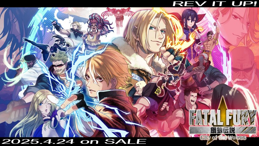 6+boys andy_bogard b._jenet belt billy_kane black_gloves black_hair black_jacket black_pants blonde_hair blue_eyes bomber_jacket breast_zipper breasts brown_eyes brown_hair cleavage cropped_jacket dobok fatal_fury fatal_fury:_city_of_the_wolves fingerless_gloves fire folded_fan folding_fan formal_clothes futaba_hotaru gato_(snk) gloves hand_fan high_ponytail highres hokutomaru holding holding_fan jacket kain_r_heinlein kevin_rian kim_dong_hwan large_breasts leather leather_pants long_hair long_sleeves looking_at_viewer luchador luchador_mask marco_rodrigues mask multiple_boys multiple_girls navel official_alternate_costume official_art pants partially_unzipped ponytail preecha_(fatal_fury) print_jacket purple_fire red_eyes rock_howard shiranui_mai short_hair smile snk spandex standing suit taekwondo terry_bogard tizoc_(snk) white_suit wrestler wrestling