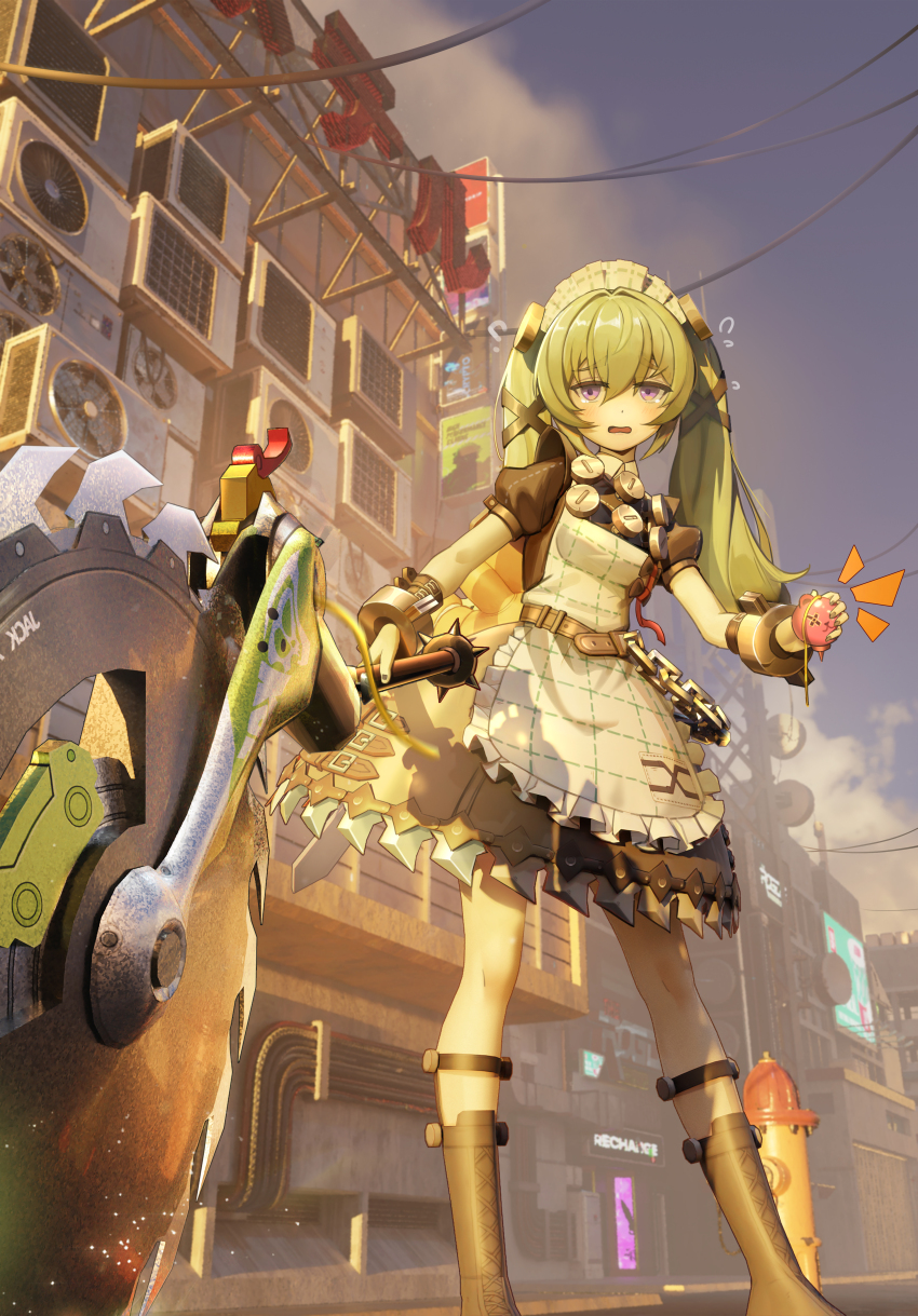 1girl absurdres apron blush breasts building circular_saw corin_wickes czy5201314 dawn dress fire_hydrant green_hair hair_between_eyes highres holding long_hair maid maid_apron maid_headdress multiple_girls open_mouth puffy_short_sleeves puffy_sleeves purple_eyes saw short_sleeves simple_background sky solo tail_belt twintails white_apron zenless_zone_zero