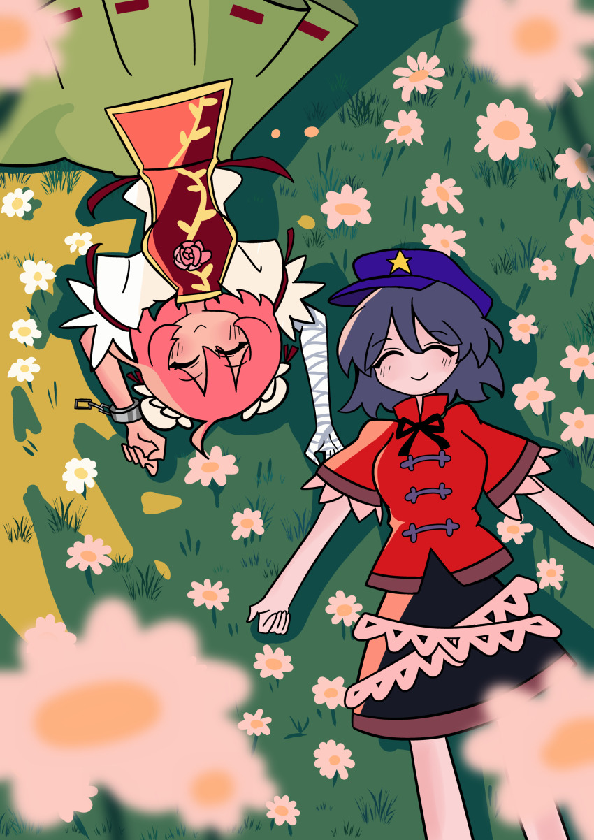 2girls absurdres bandaged_arm bandages black_ribbon black_skirt breasts chinese_clothes closed_eyes closed_mouth commentary_request feet_out_of_frame field flower flower_field green_skirt grey_hair hat hat_ornament highres ibaraki_kasen jiangshi lying medium_breasts miyako_yoshika multiple_girls neck_ribbon newsboy_cap on_back pink_hair purple_hat que_si_tian_yu_ze red_shirt red_tabard ribbon shirt short_hair short_sleeves skirt smile star_(symbol) star_hat_ornament tabard tangzhuang touhou upside-down white_flower white_shirt