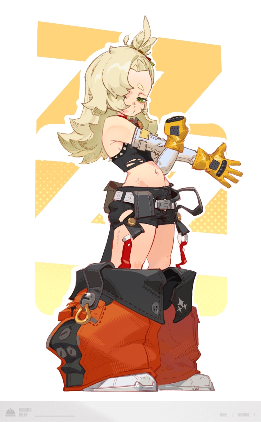 1girl a_tai bare_shoulders belt black_shirt black_shorts blonde_hair blush commentary crop_top dated_commentary detached_pants detached_sleeves dotted_background full_body gloves goggles goggles_around_neck green_eyes half-closed_eyes highres long_hair looking_at_viewer midriff navel o3o orange_pants pants piper_wheel shirt short_eyebrows shorts solo spiked_shirt stretching thick_eyebrows torn_clothes torn_shirt two-tone_background white_background white_shorts yellow_background yellow_gloves zenless_zone_zero