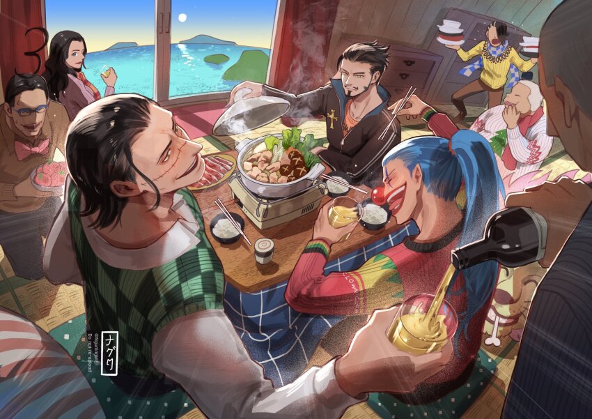 1girl 6+boys bow bowl bowtie buggy_the_clown cabaji chopsticks clown_nose commentary cooking crocodile_(one_piece) daz_bones dracule_mihawk facial_hair galdino goatee green_vest highres holding holding_chopsticks impossible_hair indoors laughing male_focus mohji_(one_piece) multiple_boys ngumngim one_piece open_mouth paula_(one_piece) pink_bow pink_bowtie pouring rice richie_(one_piece) steam stitched_face stitches sweater tatami vest white_sweater window yellow_sweater