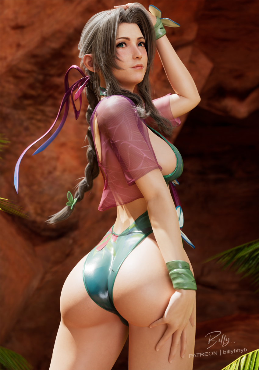 1girl 3d aerith_gainsborough arm_up ass billyhhyb braid braided_ponytail breasts brown_hair closed_mouth cropped_shirt final_fantasy final_fantasy_vii final_fantasy_vii_remake green_eyes green_one-piece_swimsuit hair_ribbon highres large_breasts long_hair looking_back one-piece_swimsuit outdoors patreon_username psylocke psylocke_(breezy_butterfly) purple_shirt ribbon see-through_clothes see-through_shirt shirt sideboob signature swimsuit