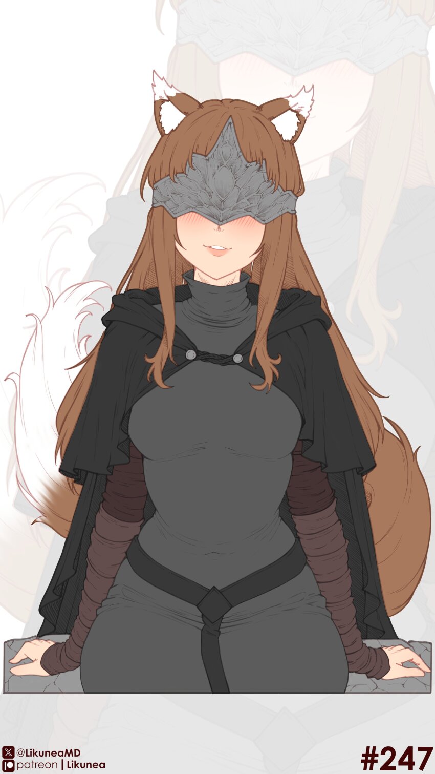 1girl absurdres animal_ear_fluff animal_ears blush breasts brown_hair commentary cosplay dark_souls_(series) dark_souls_i english_commentary eye_mask fire_keeper fire_keeper_(cosplay) grey_mask highres holo likunea long_hair mask medium_breasts patreon_logo patreon_username sidelocks simple_background sitting smile solo solo_focus spice_and_wolf tail twitter_username twitter_x_logo wolf_ears wolf_girl wolf_tail zoom_layer