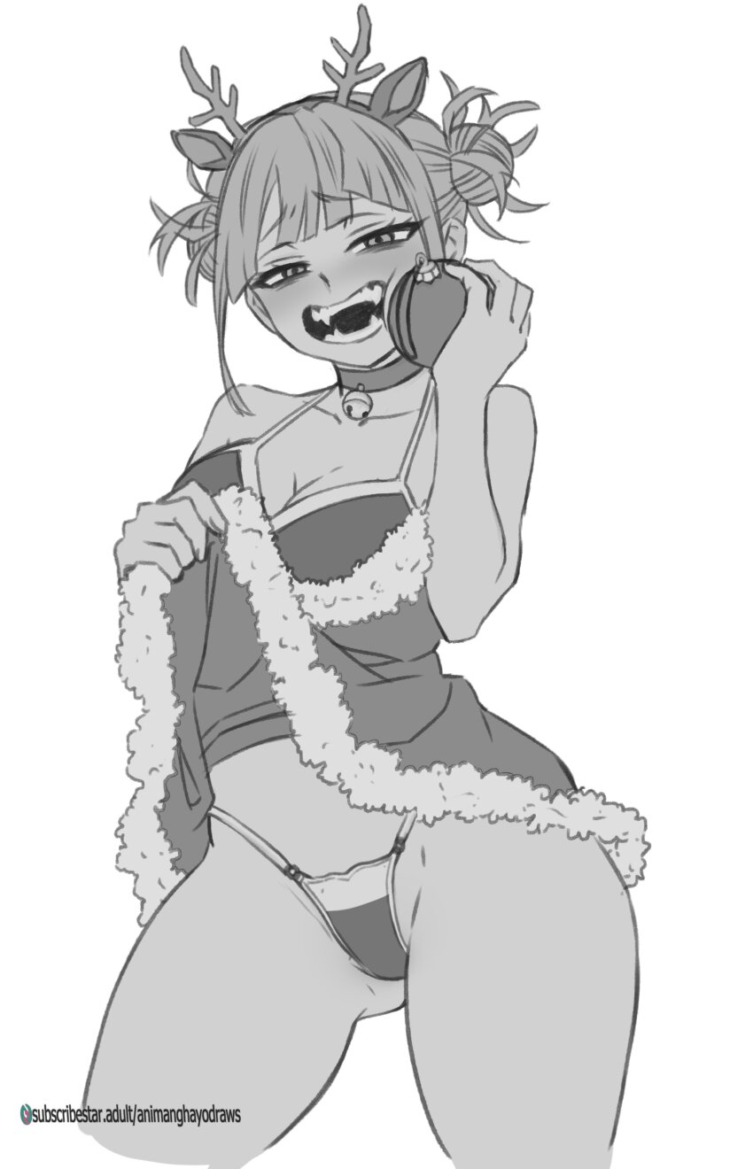 1girl absurdres alternate_costume animal_collar animal_ears animanghayo antlers artist_name bell blunt_bangs boku_no_hero_academia christmas christmas_ornaments clip_studio_paint_(medium) clothes_lift collar commentary crazy_smile cropped_legs deer_antlers deer_ears double_bun fake_animal_ears fake_antlers fangs fur-trimmed_skirt fur_trim furrowed_brow gluteal_fold greyscale hair_bun half-closed_eyes highres horns jingle_bell looking_at_viewer messy_hair monochrome open_mouth paid_reward_available panties shirt_lift simple_background skirt skirt_lift smile solo standing subscribestar_logo subscribestar_username symbol-only_commentary thighs toga_himiko underwear watermark web_address white_background