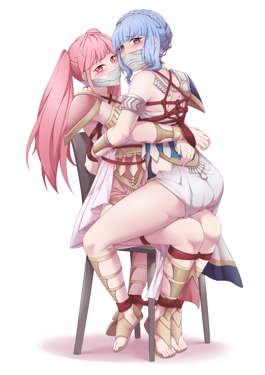 2girls absurdres adzuqi armband armor arms_behind_back bare_shoulders bdsm blush bondage bound bound_arms bound_legs bound_together bound_torso braid chair chair_bondage cloth_gag commission crown_braid dress embarrassed female_focus fire_emblem fire_emblem:_three_houses full_body gag gagged hair_bun highres hilda_valentine_goneril improvised_gag long_hair looking_ahead looking_at_viewer looking_back looking_to_the_side marianne_von_edmund marianne_von_edmund_(serene_adherent) marianne_von_edmund_(timeskip) multiple_girls nintendo pink_dress sandals shibari short_hair short_hair_with_long_locks shoulder_armor sidelocks simple_background sitting sitting_on_lap sitting_on_person skin_tight skindentation straddling swept_bangs toes twintails white_background white_dress