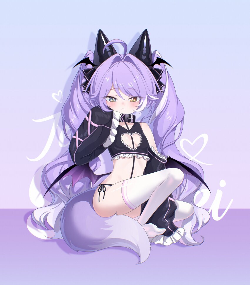 1girl :i absurdres ahoge black_bow black_collar black_panties black_shirt black_sleeves black_wings blue_eyes blush bow breasts bun_cover charachan900 cleavage_cutout closed_mouth clothing_cutout collar commentary cone_hair_bun crop_top cropped_shirt demon_wings detached_sleeves double_bun fox_girl fox_tail frilled_sleeves frills hair_bow hair_bun hair_intakes heart_cutout heterochromia highres long_hair long_sleeves looking_at_viewer low_wings no_pants no_shoes panties parted_bangs pout purple_background purple_hair purple_theme shirt side-tie_panties sitting sleeveless sleeveless_shirt sleeves_past_fingers sleeves_past_wrists small_breasts solo stellive swept_bangs symbol-only_commentary tail tenko_shibuki thighhighs twintails underwear very_long_hair virtual_youtuber white_thighhighs wings yellow_eyes
