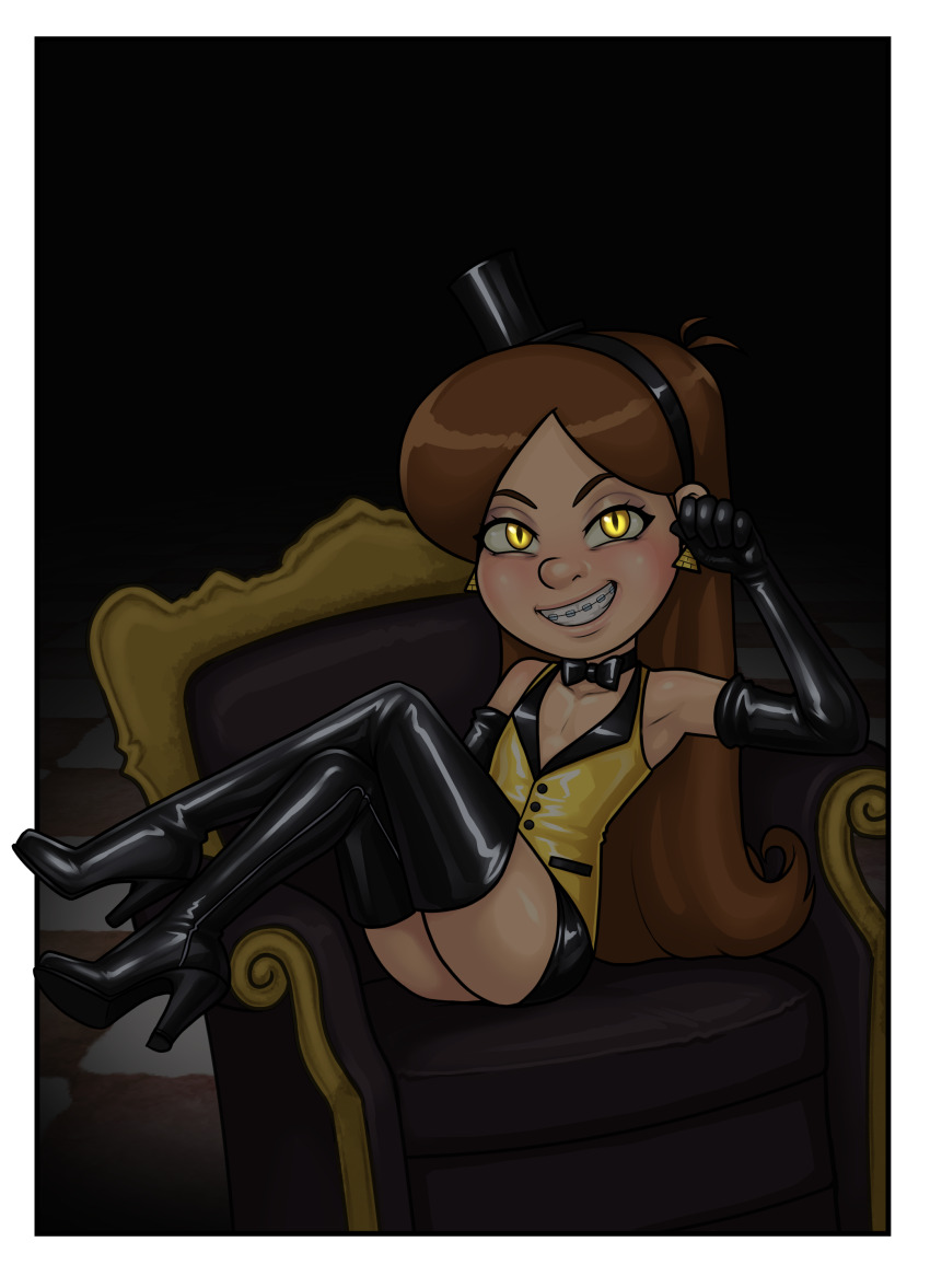 aaaninja bill_cipher boots disney elbow_gloves flat_chest gloves glowing glowing_eyes gravity_falls grin hat high_heel_boots high_heels long_hair mabel_pines possessed possession smile thigh_boots thighhighs top_hat yellow_eyes