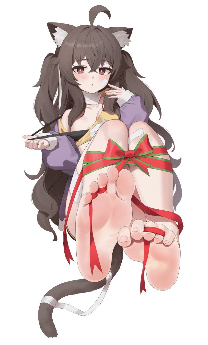 1girl absurdres animal_ears barefoot black_hair blush brown_eyes cat_ears cat_tail feet highres leg_ribbon long_hair looking_at_viewer original parted_lips pharamacom ribbon soles tail toes twintails