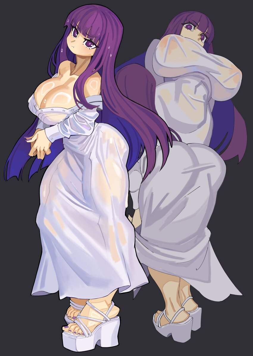 1girl absurdres ass bent_over black_background blunt_bangs breasts cleavage closed_mouth commentary dress english_commentary fern_(sousou_no_frieren) highres large_areolae large_breasts long_dress long_hair long_sleeves looking_at_viewer multiple_views nezo nipples own_hands_together platform_sandals pout purple_eyes purple_hair sandals see-through_clothes see-through_dress simple_background sousou_no_frieren standing toenails wet wet_clothes wet_dress white_dress white_sandals