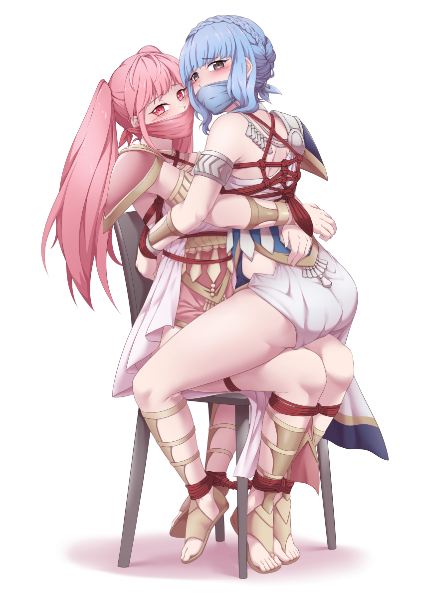 2girls absurdres adzuqi armband armor arms_behind_back bare_shoulders bdsm blush bondage bound bound_arms bound_legs bound_together bound_torso braid chair chair_bondage cloth_gag commission crown_braid dress embarrassed female_focus fire_emblem fire_emblem:_three_houses full_body gag gagged hair_bun highres hilda_valentine_goneril improvised_gag long_hair looking_ahead looking_at_viewer looking_back looking_to_the_side marianne_von_edmund marianne_von_edmund_(serene_adherent) marianne_von_edmund_(timeskip) multiple_girls nintendo pink_dress sandals shibari short_hair short_hair_with_long_locks shoulder_armor sidelocks simple_background sitting sitting_on_lap sitting_on_person skin_tight skindentation straddling swept_bangs toes twintails white_background white_dress