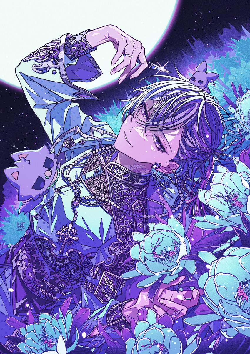 1boy absurdres analogous_colors animal animal_on_chest animal_on_head bead_necklace beads blue_flower blue_jacket braid commentary_request cross cross_necklace crossed_bangs cummerbund diamond_earrings ear_chain earrings epiphyllum field flower flower_field flower_tattoo full_moon hair_between_eyes half_up_braid half_updo hand_up highres holding holding_scissors jacket jewelry lace_shirt light_particles linked_piercing long_sleeves looking_at_viewer lying male_focus mandarin_collar miuru_(utaite) moon neck_tattoo necklace night on_back on_head outdoors parted_lips patterned_clothing piercing ponytail purple_eyes purple_hair rosary scissors short_ponytail shoulder_boards sideways_glance sky smile solo star_(sky) starry_sky stpr_boys_project stud_earrings tattoo upper_body yudeazu_king