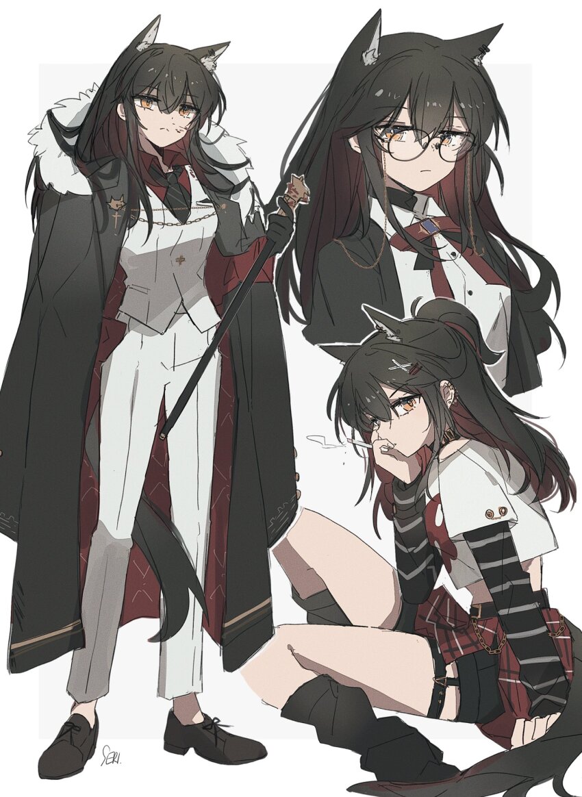 1girl animal_ear_fluff animal_ears arknights black-framed_eyewear black_cape black_gloves black_hair black_shoes black_tail blood blood_on_face border brown_hair cape chain cigarette closed_mouth collared_shirt colored_inner_hair commentary crop_top cropped_shirt dress_shoes fur-trimmed_cape fur_trim glasses gloves grey_background hair_between_eyes highres holding leg_warmers long_hair looking_at_viewer multicolored_hair multiple_views outside_border pants profile red_shirt round_eyewear seri_(vyrlw) shirt shoes simple_background sitting smoke split_mouth standing symbol-only_commentary tail texas_(arknights) vest waistcoat white_border white_pants white_shirt white_vest wolf_ears wolf_girl wolf_tail yellow_eyes