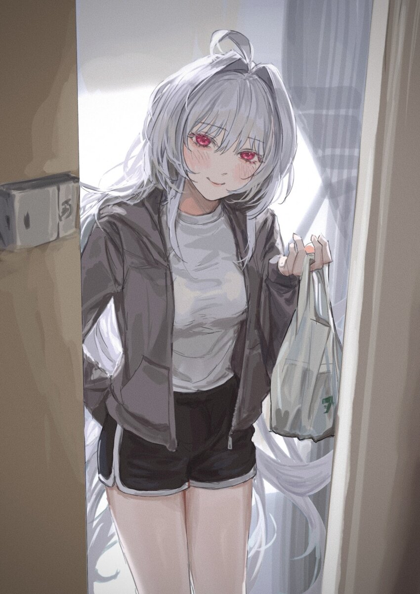 1girl ahoge arm_behind_back bag breasts cherroppi commentary_request cowboy_shot dolphin_shorts fate/grand_order fate_(series) grey_jacket hair_intakes highres jacket korean_commentary lady_avalon_(fate) long_hair looking_at_viewer medium_breasts merlin_(fate/prototype) open_clothes open_door open_jacket red_eyes shirt shorts smile solo unzipped very_long_hair white_hair white_shirt