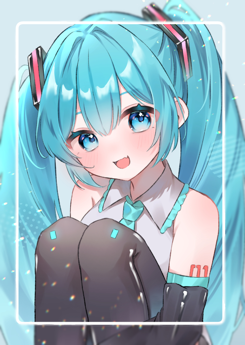 1girl aqua_trim arm_tattoo blush collared_shirt commentary_request grey_shirt hair_between_eyes hair_ornament hatsune_miku highres long_hair looking_at_viewer mokoinu_(pixiv_27216243) number_tattoo open_mouth shirt smile solo tattoo twintails very_long_hair vocaloid