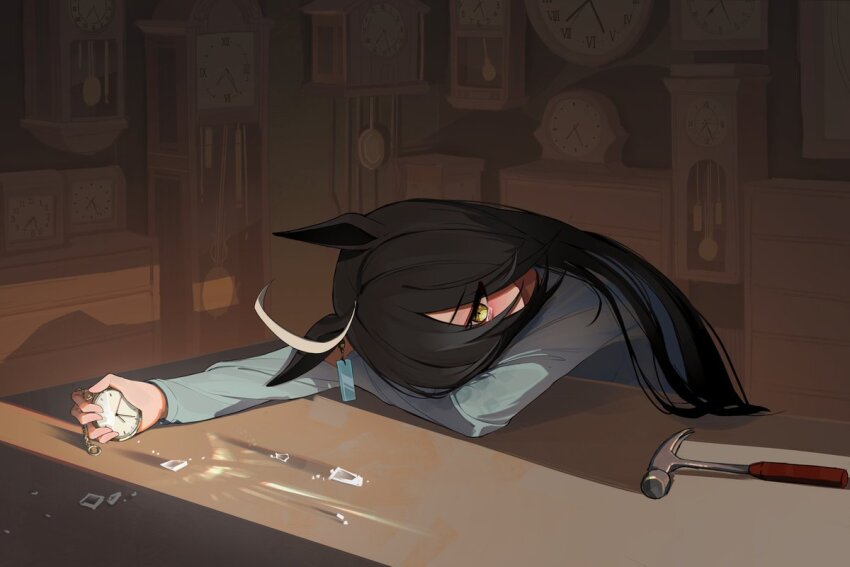 1girl ahoge animal_ears black_hair broken_glass clock commentary_request dev_grater ear_tag earrings glass grandfather_clock grey_shirt hair_between_eyes hammer horse_ears horse_girl jewelry long_bangs long_hair long_hair_between_eyes long_sleeves manhattan_cafe_(umamusume) multicolored_hair pocket_watch shirt single_earring solo umamusume wall_clock watch white_hair yellow_eyes