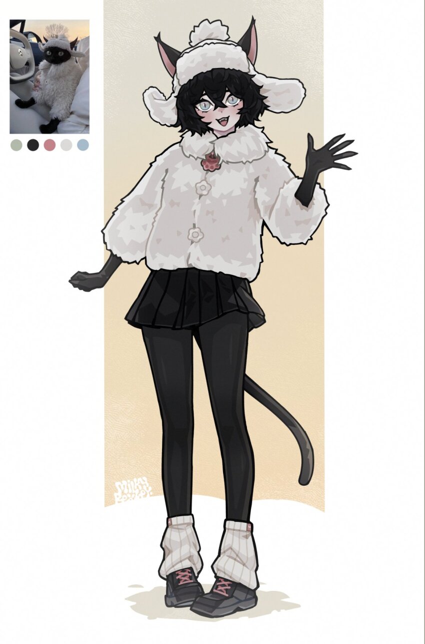 1girl :3 animal_ears black_hair blue_eyes cat_ears cat_girl cat_tail color_guide ears_through_headwear fangs fingernails full_body fur_collar fur_hat fur_jacket gloves hat highres jacket leg_warmers looking_at_viewer milkytiddyboy open_mouth original pantyhose photo-referenced pleated_skirt reference_inset sharp_fingernails shoes short_hair skirt slit_pupils smile sneakers solo tail ushanka