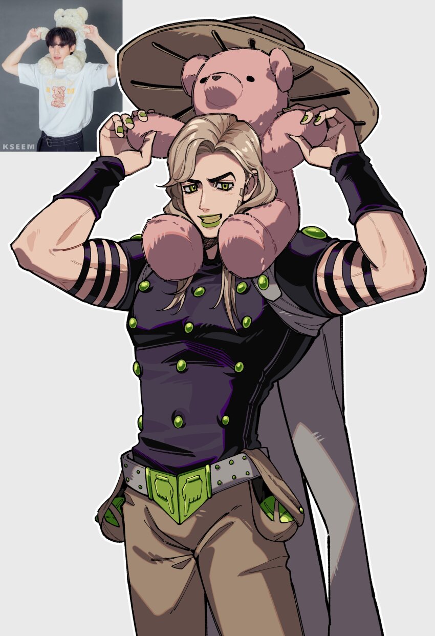 1boy 3kyu4ever absurdres armband belt belt_buckle blonde_hair brown_hat brown_pants buckle cape carrying cowboy_shot gold_teeth green_eyes green_lips green_nails grey_belt grey_cape grin gyro_zeppeli hashtag-only_commentary hat highres holding holding_stuffed_toy holster jojo_no_kimyou_na_bouken long_hair looking_at_viewer makeup male_focus pants purple_armband purple_shirt reference_inset shirt short_sleeves shoulder_carry simple_background smile solo steel_ball_(jojo) steel_ball_run stuffed_animal stuffed_toy teddy_bear unworn_hat unworn_headwear wristband