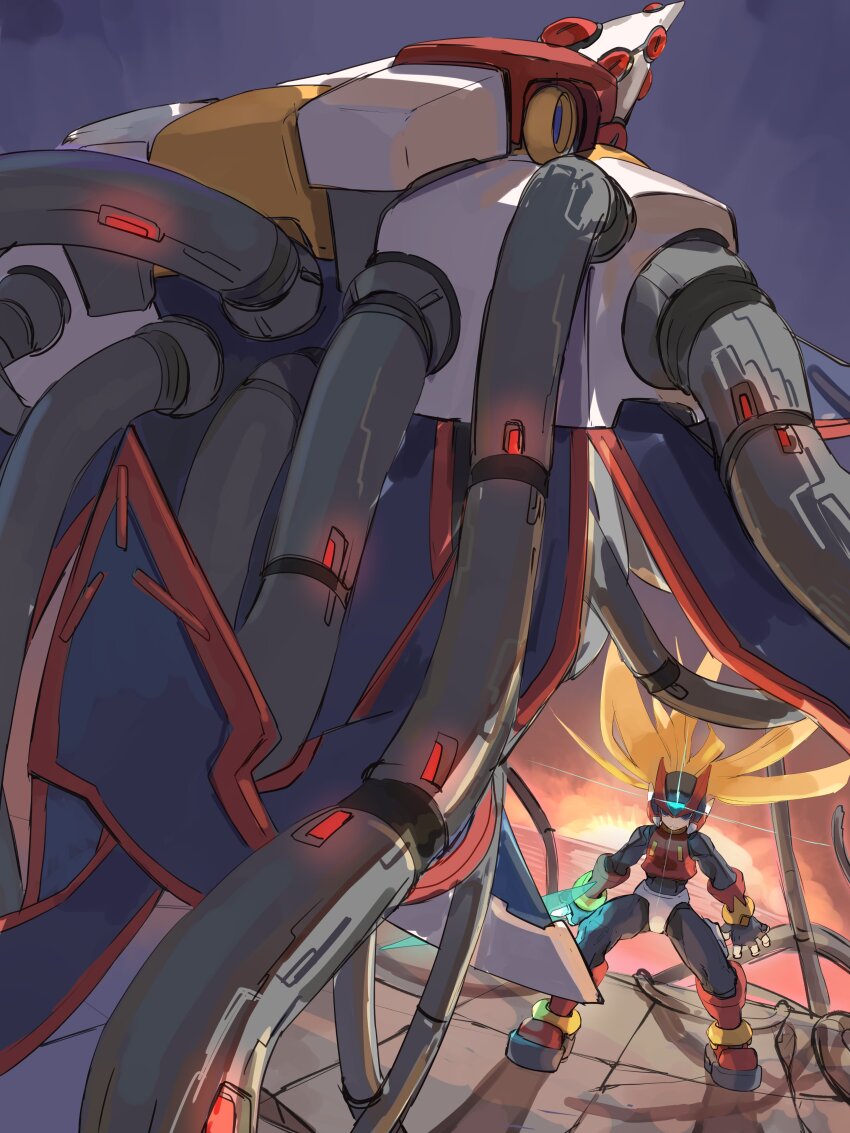 2boys absurdres android armor blonde_hair cable commentary_request dr._weil_(mega_man) energy_sword floating_hair forehead_jewel full_body helmet highres holding holding_sword holding_weapon long_hair male_focus mega_man_(series) mega_man_zero_(series) mega_man_zero_4 multiple_boys omochi_(mochi_skymega) red_armor red_helmet sword weapon z_saber zero(z)_(mega_man) zero_(mega_man)