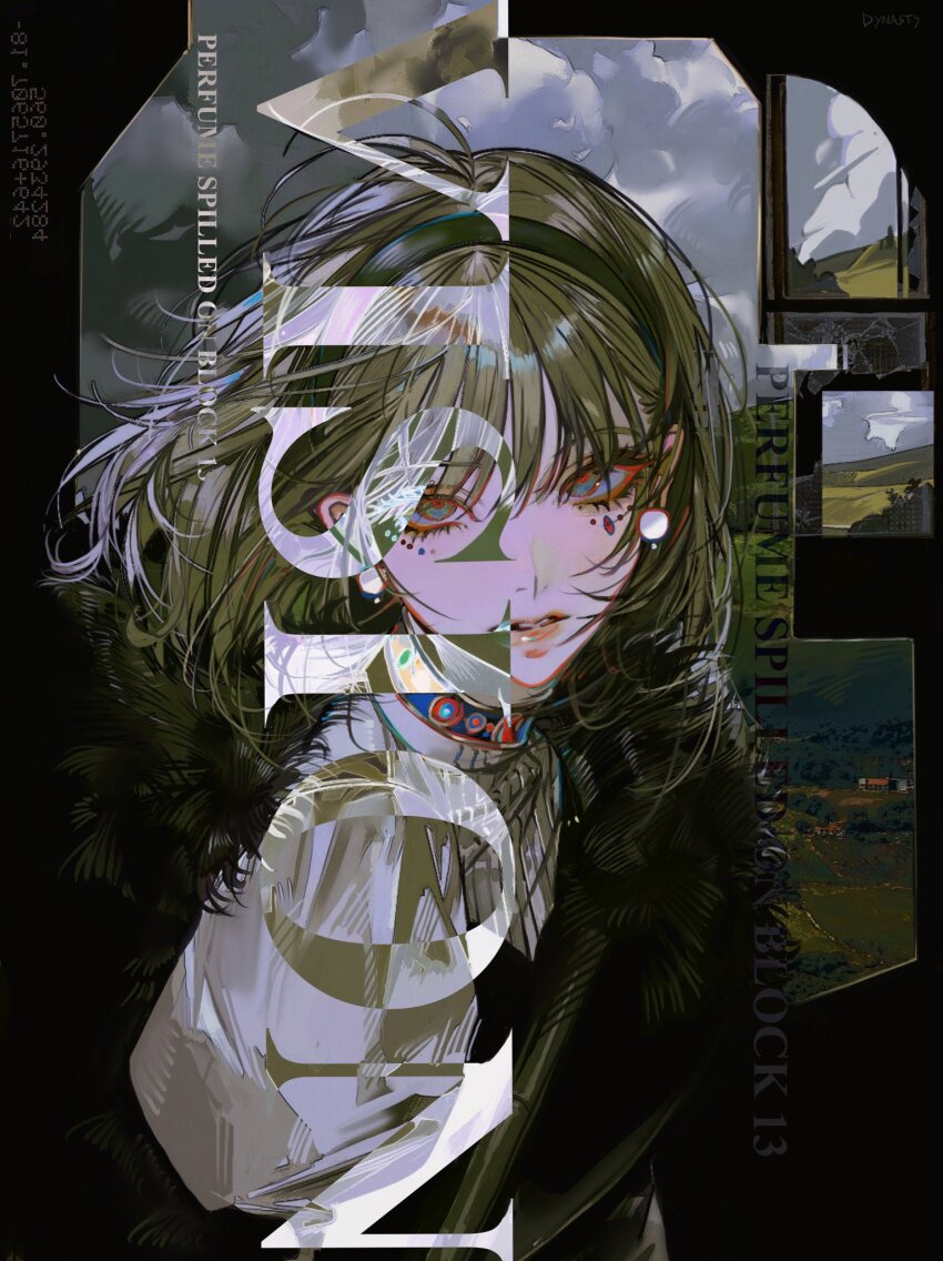 1girl black_hairband commentary dated earrings english_commentary facial_mark grey_eyes grey_hair hairband highres inverted_colors jewelry john_kafka looking_at_viewer medium_hair open_mouth original parted_lips upper_body white_background