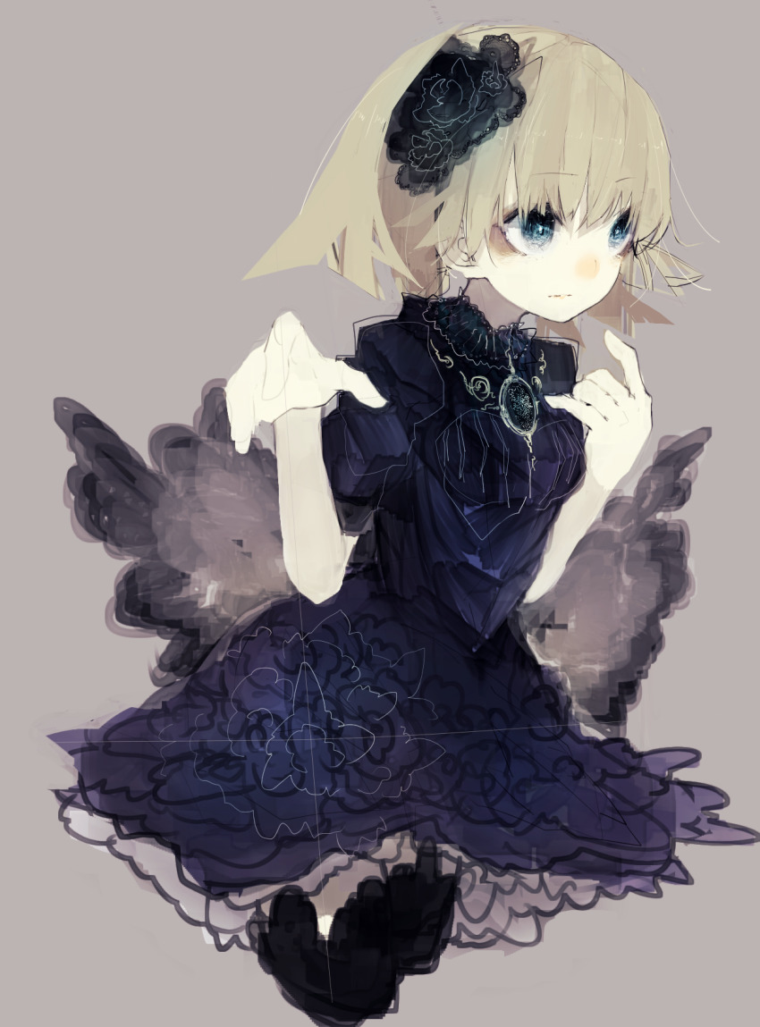 1girl black_dress blonde_hair blue_eyes dress expressionless flower frilled_dress frills goth_loli gothic_lolita grey_background hair_ornament high_collar highres jewelry lace lace_trim lolita_fashion looking_at_viewer original pale_skin portrait riuichi short_hair sidelocks simple_background sitting solo_focus victorian