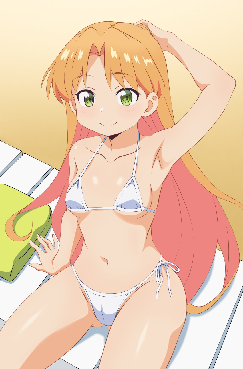 1girl absurdres arm_up beach bikini breasts collarbone commentary green_eyes highres kiniro_tofu light_blush long_hair navel orange_hair outdoors ruri_no_houseki side-tie_bikini_bottom sitting small_breasts smile solo swimsuit tanigawa_ruri thighs white_bikini