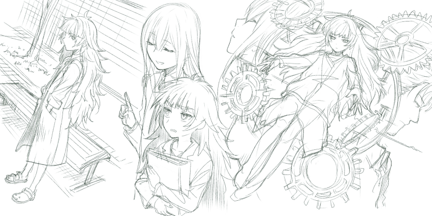 2girls book commentary_request floating gears highres hiyajou_maho holding holding_book hugging_object lab_coat long_hair makise_kurisu menomorute messy_hair monochrome multiple_girls science_adventure steins;gate steins;gate_0 very_long_hair