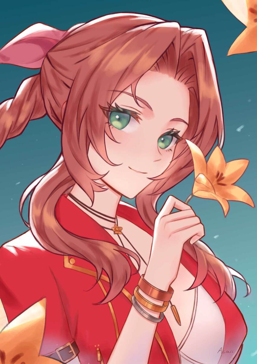 1girl aerith_gainsborough bangle blush bracelet braid braided_ponytail breasts brown_hair commentary dress eyelashes final_fantasy final_fantasy_vii final_fantasy_vii_remake flower green_background green_eyes hair_ribbon hand_up highres holding holding_flower ira_town jacket jewelry long_hair looking_at_viewer necklace parted_bangs pink_dress pink_ribbon portrait red_jacket ribbon sidelocks smile solo yellow_flower