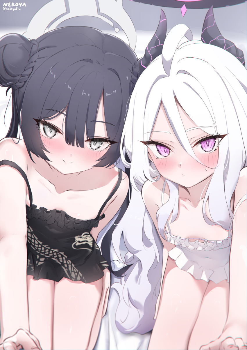 2girls absurdres black_hair blue_archive blush commentary_request double_bun grey_eyes hair_bun halo highres hina_(blue_archive) horns kisaki_(blue_archive) long_hair looking_at_viewer multiple_girls nekoya_(liu) paid_reward_available purple_eyes white_hair