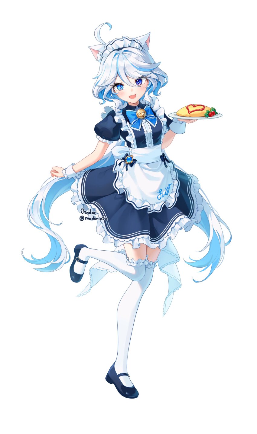1girl :d absurdres ahoge alternate_costume animal_ears apron black_shoes blue_dress blue_eyes blue_pupils blue_streaks blush cat_ears commentary_request dress drop-shaped_pupils enmaided fang food frilled_apron frilled_hairband frills furina_(genshin_impact) genshin_impact hair_between_eyes hairband hand_up heterochromia highres holding holding_tray kemonomimi_mode leg_up long_hair looking_at_viewer maid maid_headdress mary_janes modori_(modorio3o) omelet omurice open_mouth shoes signature simple_background skin_fang smile solo symbol-shaped_pupils thighhighs tray twitter_username very_long_hair white_apron white_background white_hair white_hairband white_thighhighs white_wrist_cuffs wrist_cuffs