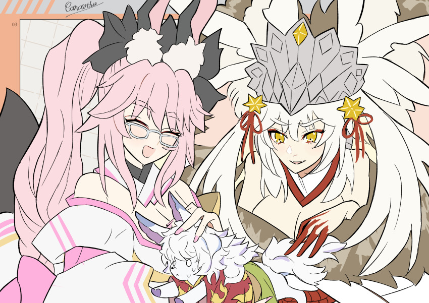 2girls animal_ears bare_shoulders breasts caravthir cleavage closed_eyes colored_extremities commentary english_commentary fangs fate/grand_order fate_(series) fou_(fate) fox_ears glasses highres koyanskaya_(assassin)_(third_ascension)_(fate) koyanskaya_(fate) koyanskaya_(lostbelt_beast:iv)_(fate) large_breasts multiple_girls open_mouth parted_lips pink_hair rabbit_ears signature textless_version twintails white_hair