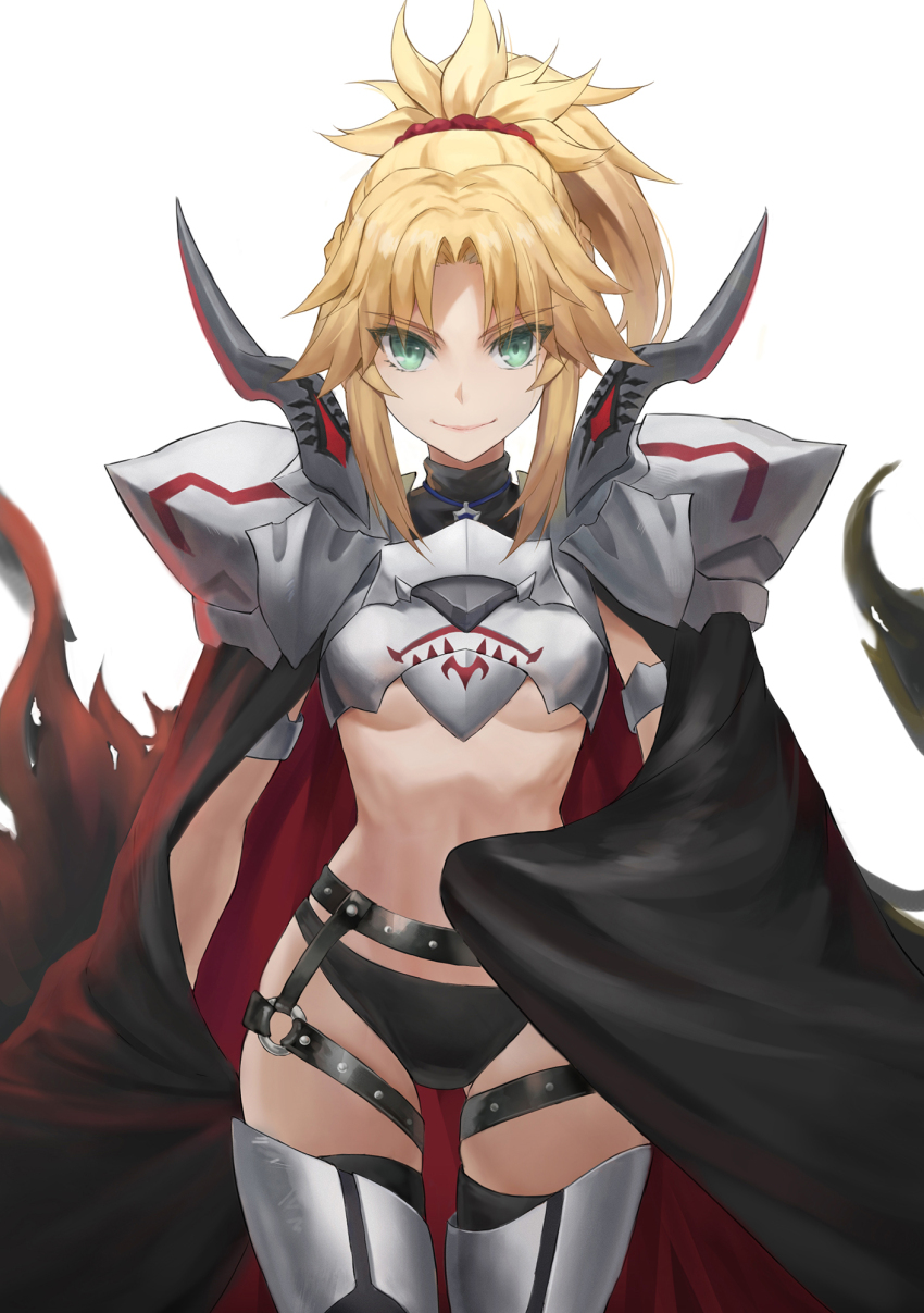 1girl armor blonde_hair braid breasts commentary_request fate/apocrypha fate_(series) green_eyes hair_ornament hair_scrunchie half_up_braid highres long_hair looking_at_viewer mordred_(fate) mordred_(fate/apocrypha) parted_bangs ponytail red_scrunchie revision scrunchie sidelocks small_breasts smile solo tonee underboob