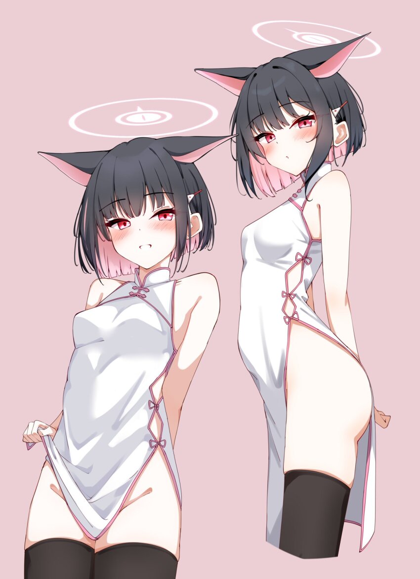 1girl alternate_costume animal_ears bare_shoulders black_hair black_thighhighs blue_archive blush breasts cat_ears china_dress chinese_clothes colored_inner_hair commentary_request cropped_legs dress extra_ears groin hair_ornament hairclip halo highres kabocya_na kazusa_(blue_archive) lifting_own_clothes looking_at_viewer multicolored_hair multiple_views no_panties pelvic_curtain pink_background pink_hair pink_halo red_eyes short_hair simple_background sleeveless sleeveless_dress small_breasts smile thighhighs two-tone_hair white_dress