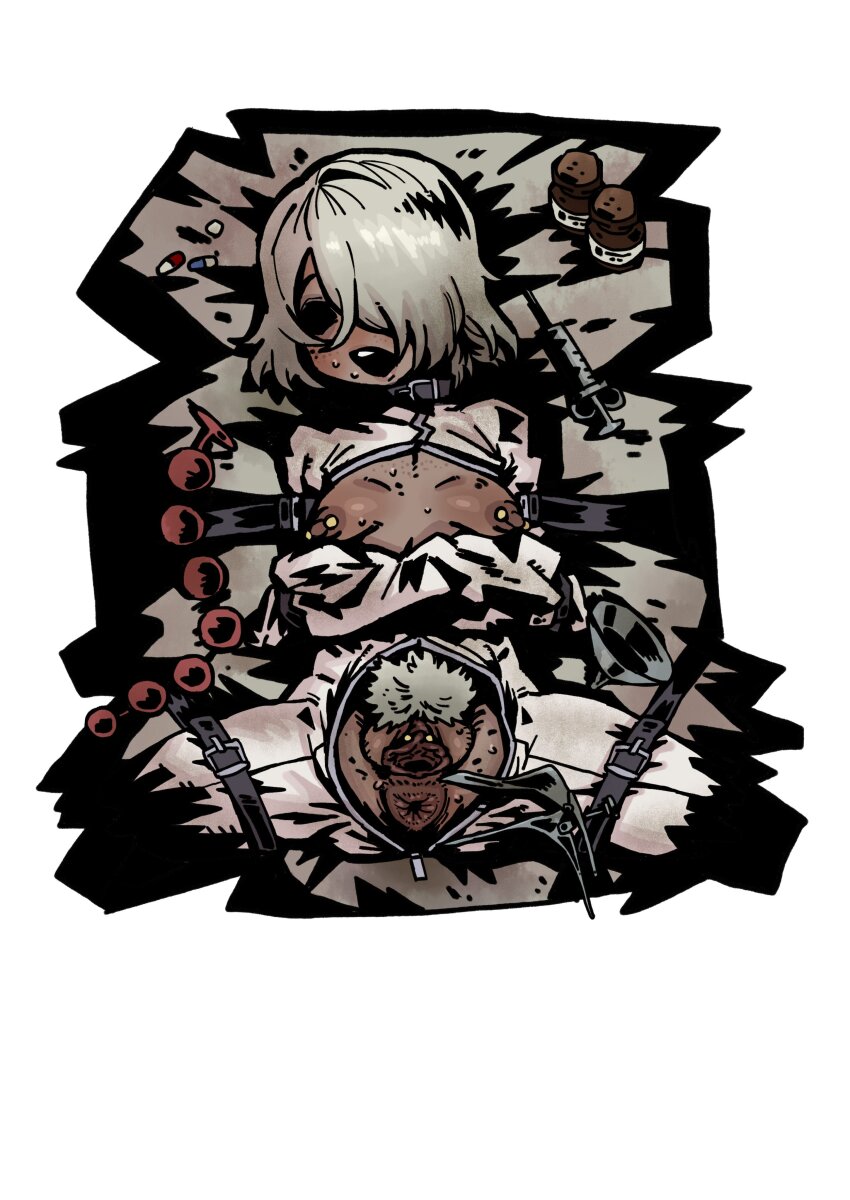 1girl absurdres anal_beads anus breasts breasts_out clitoris_piercing commentary_request dark-skinned_female dark_skin darkest_dungeon ebonyxh eylin_eyla_(ebonyxh) female_pubic_hair gaping highres hollow_eyes implied_drugging medicine_bottle nipple_bar nipple_piercing nipples original parody piercing pill pubic_hair pussy pussy_piercing restrained sex_toy short_hair solo spread_legs straitjacket strap style_parody syringe uncensored white_hair