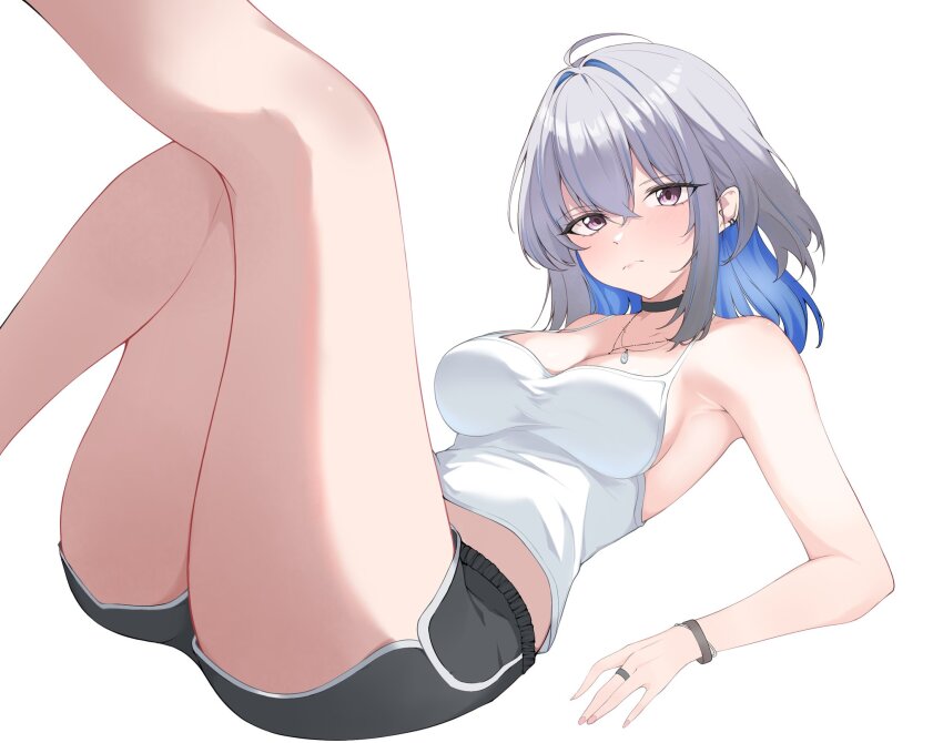 1girl arm_support bare_shoulders black_shorts blue_hair breasts colored_inner_hair commentary dolphin_shorts feet_out_of_frame galbrena_(wuthering_waves) grey_hair highres looking_at_viewer medium_breasts medium_hair multicolored_hair purple_eyes shirt shorts sidelocks sifffl simple_background solo symbol-only_commentary white_background white_shirt wuthering_waves